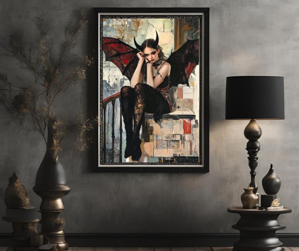 Gothic Demon Woman Red Winged Dark Fantasy Portrait Art Print - Image 2