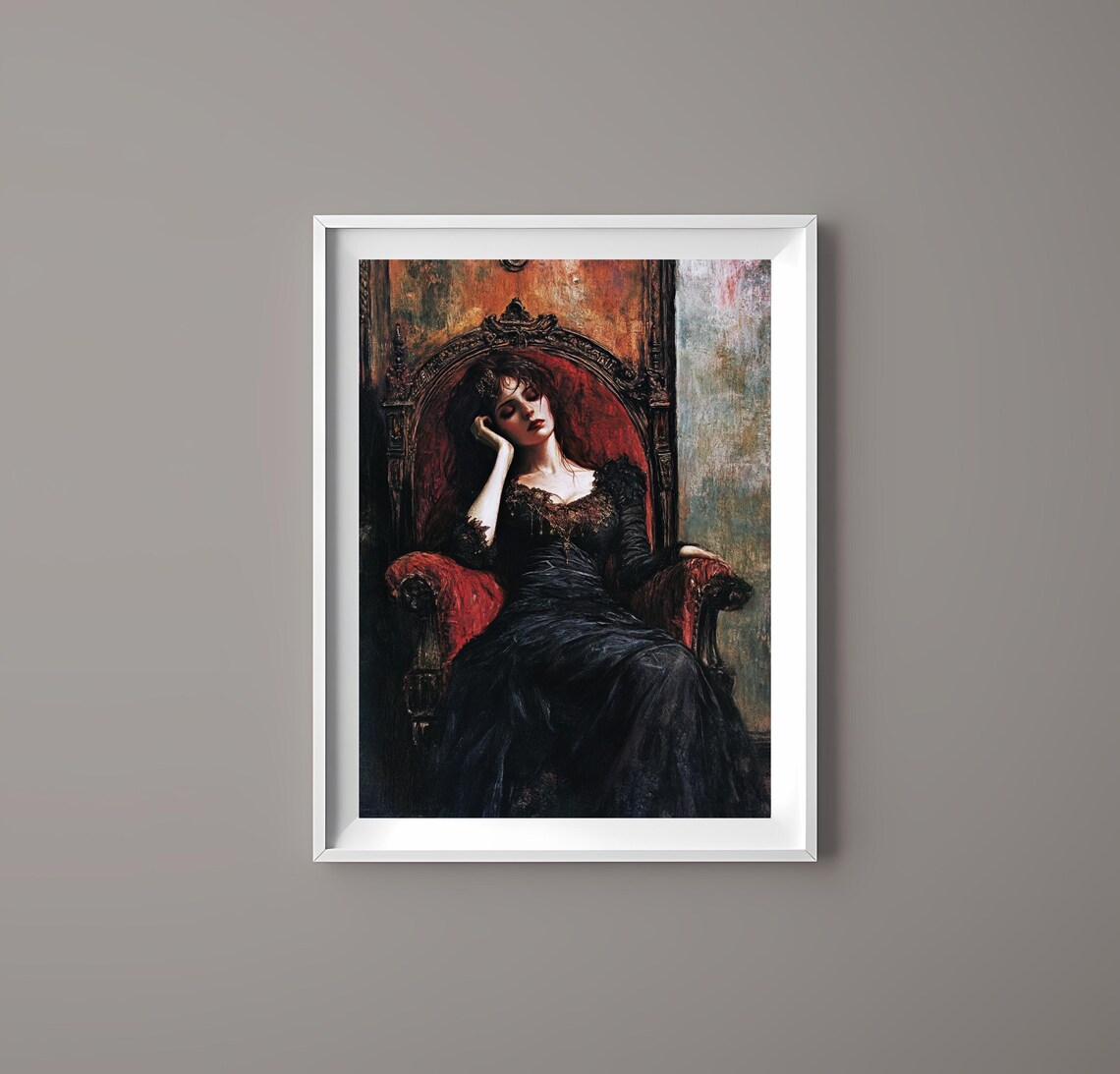 Victorian Woman Resting Ornate Chair Black Dress Elegant Art Poster - Image 3