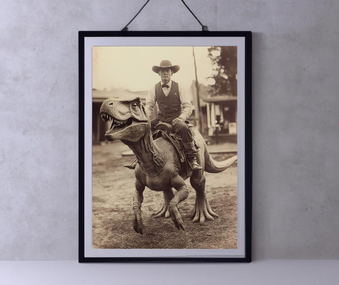 Dinosaur Cowboy Vintage Photography Art Print