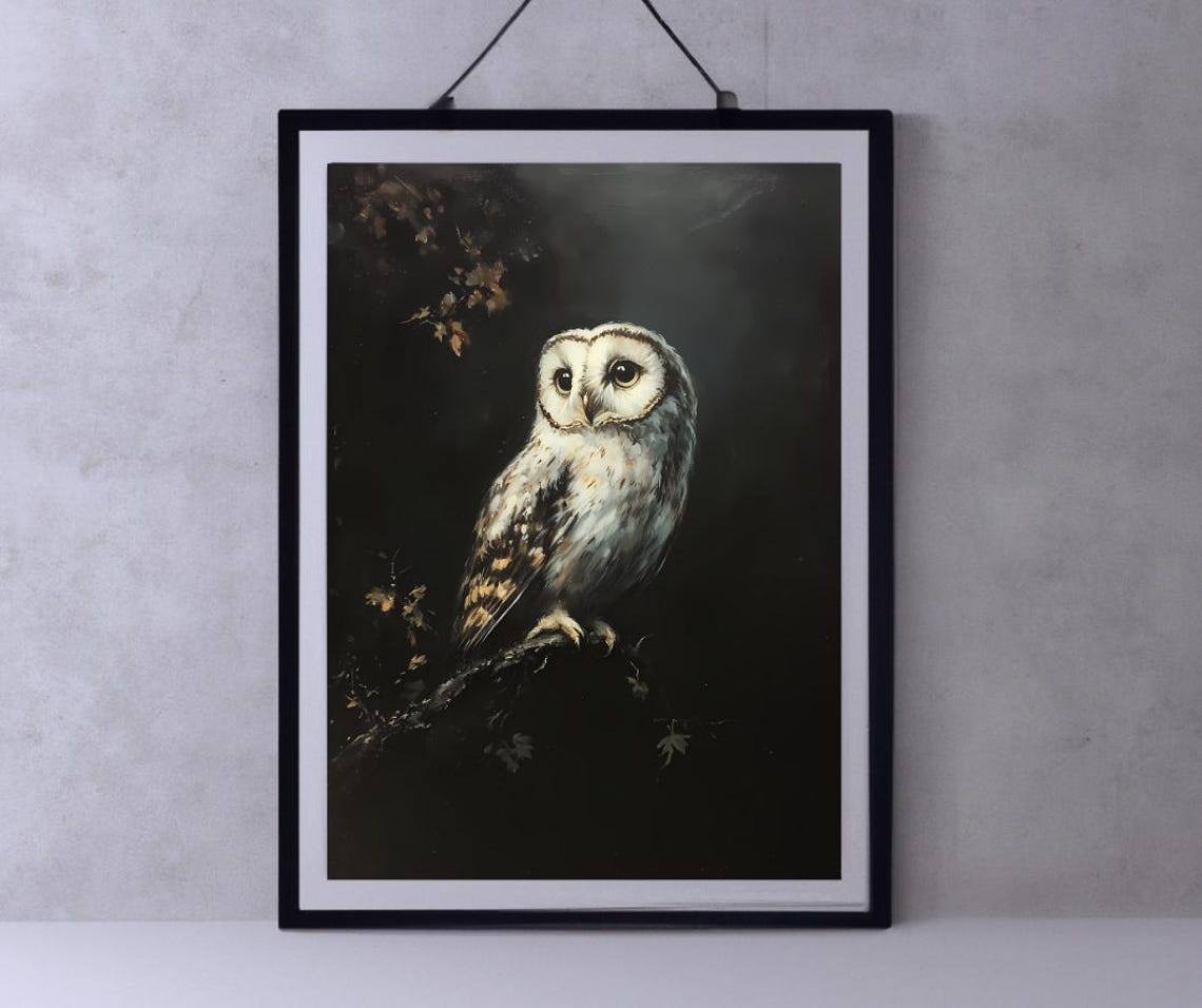 White Owl Perched on a Branch Dark Antique Painting Style Poster