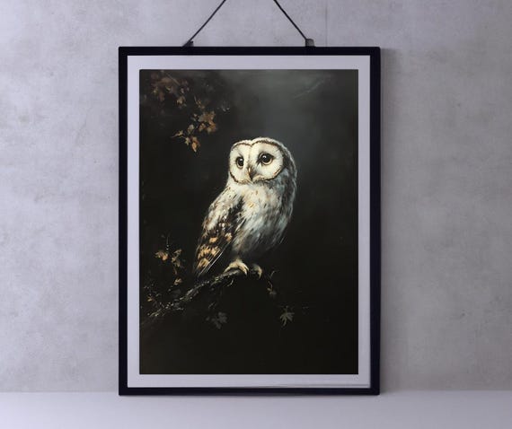 Antique Owl Painting Dark Academia Wall Art Moody Rustic Bird Print Vintage Animal Wall Art Dark Art