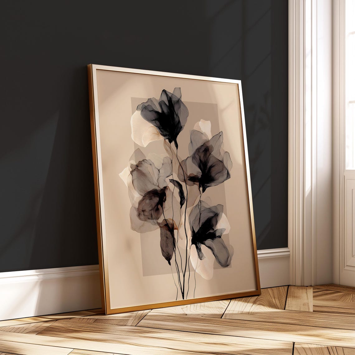 Abstract Black Ink Flowers Translucent Beige Minimal Wall Art