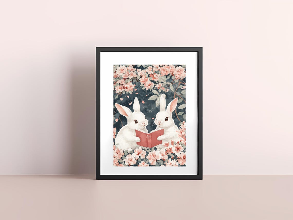 Two White Bunnies Reading Red Book Pink Blossoms Cute Animal Poster - Image 4