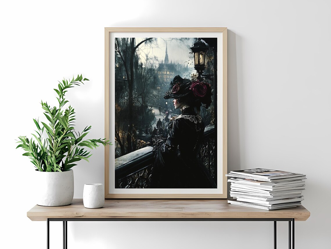 Elegant Victorian Lady Floral Hat Balcony Scene Dark Art Poster - Image 4