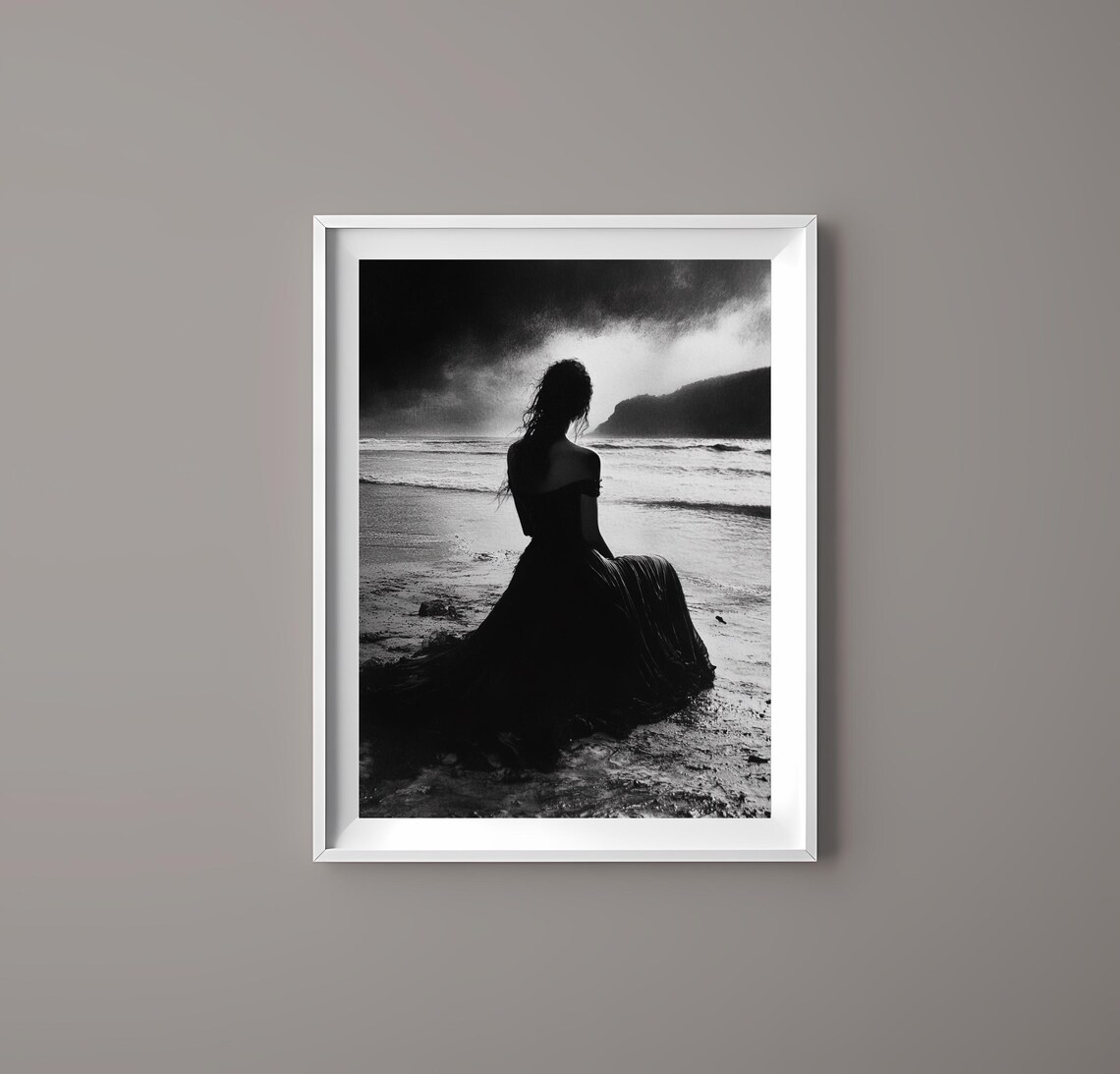 Silhouette Woman Long Dress Stormy Beach Black White Dramatic Poster - Image 4