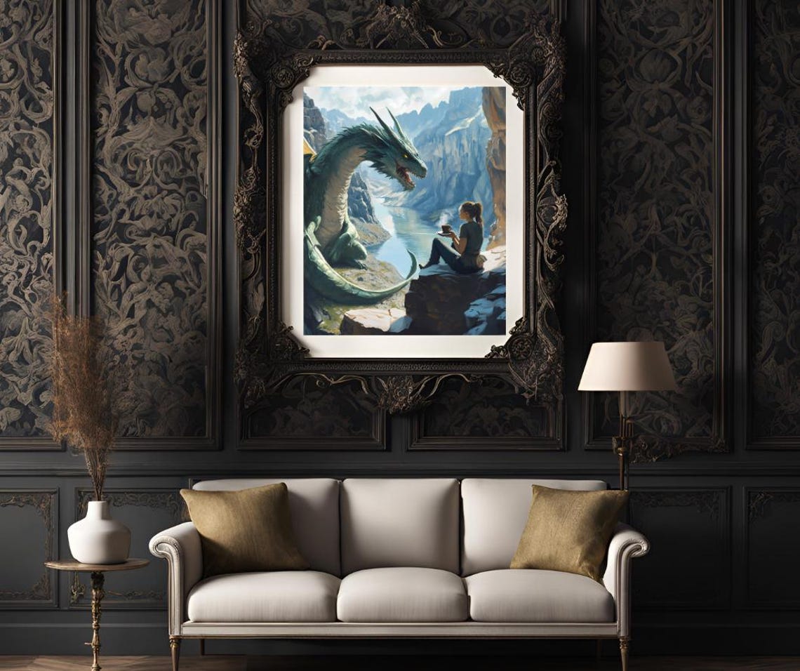 Woman Sharing Coffee With a Green Dragon in a Mountain Gorge Poster - Image 3