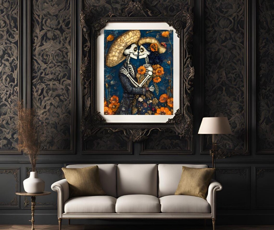 Dia De Los Muertos Couple Catrina Calavera Art Print - Image 3