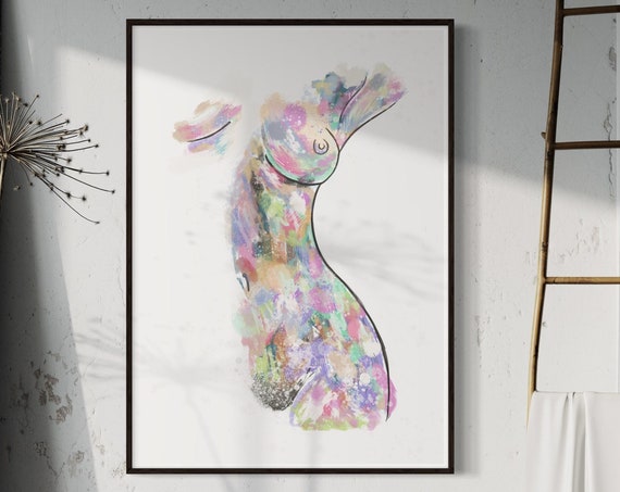 Multicolour Pastel Female Nude Art Print Modern Abstract Nude Painting Female Empowerment Sensual Artwork Female Body Drawing Minimalist Art