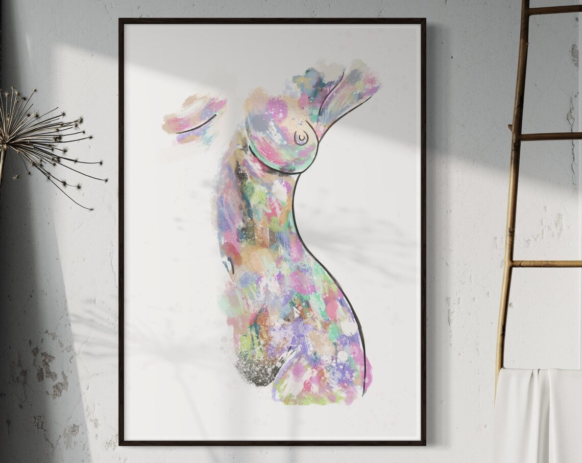 Pastel Female Torso Abstract Nude Multicolor Watercolor Feminine Print