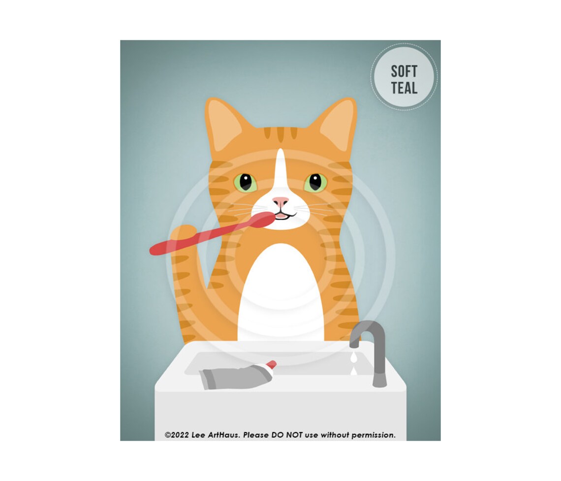 Orange Tabby Cat Brushing Teeth At Bathroom Sink Funny Art Poster - Image 4