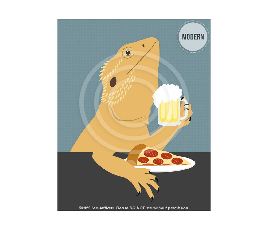 Bearded Dragon Drinking Beer and Eating Pizza Funny Art Poster - Image 2