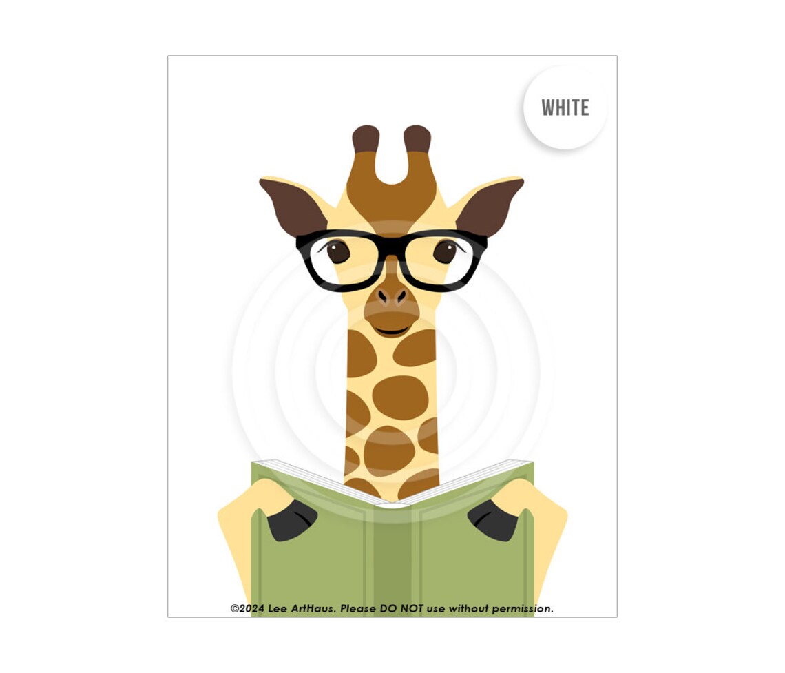 Cute Giraffe Reading Book With Glasses Green Safari Animal Nursery Poster - Image 2