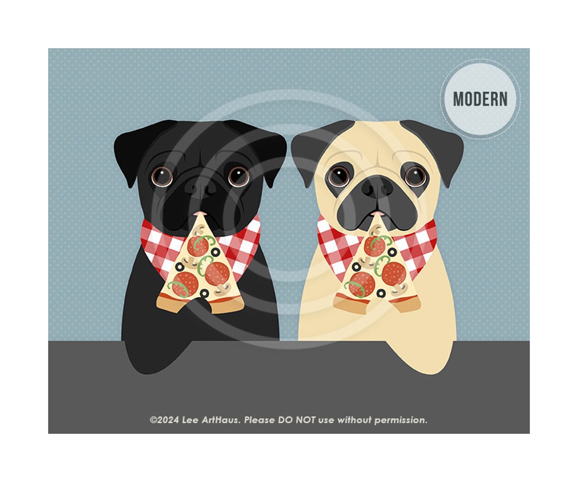 Two Pugs Eating Pizza With Checkered Bibs Cute Funny Dog Art Poster - Image 6