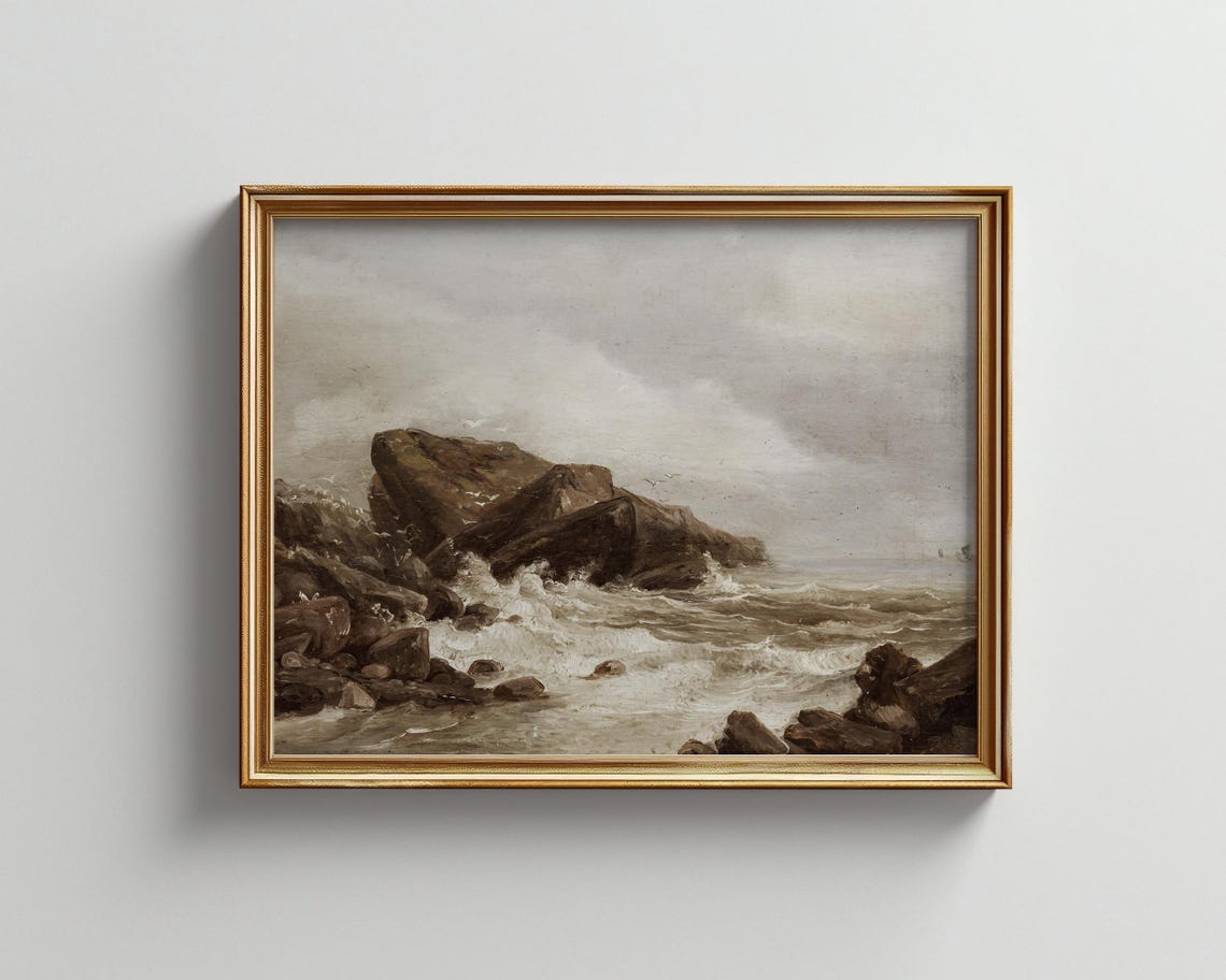 Waves Breaking Over Rocky Cliffs Vintage Moody Coastal Seascape Poster