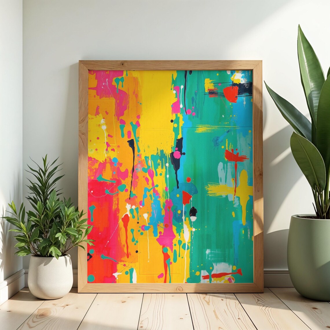 Neon Abstract Paint Drip Splatter Pink Yellow Turquoise Energy Art Poster