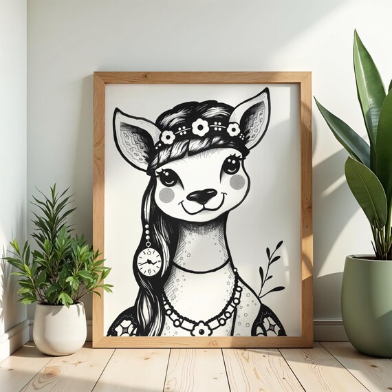 Cute Boho Deer Girl Flower Crown Cartoon Black White Art Poster