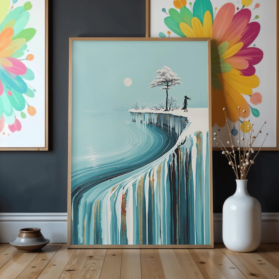 Abstract Winter Landscape Wall Art Minimal Cliff Print Scandinavian Decor Blue Gold Modern