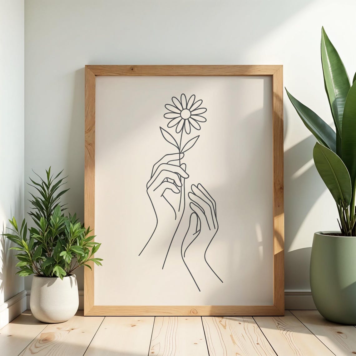 Minimalist Line Art Hands Holding Daisy Flower Botanical Wall Poster