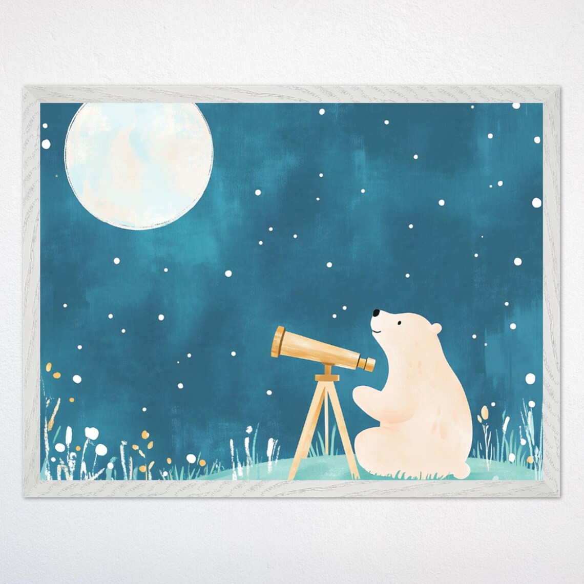 Bear Wall Art Print, Whimsical Nursery Moon and Stars