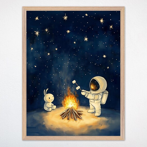 Astronaut Bunny Campfire Marshmallow Starry Night Kids Art Poster