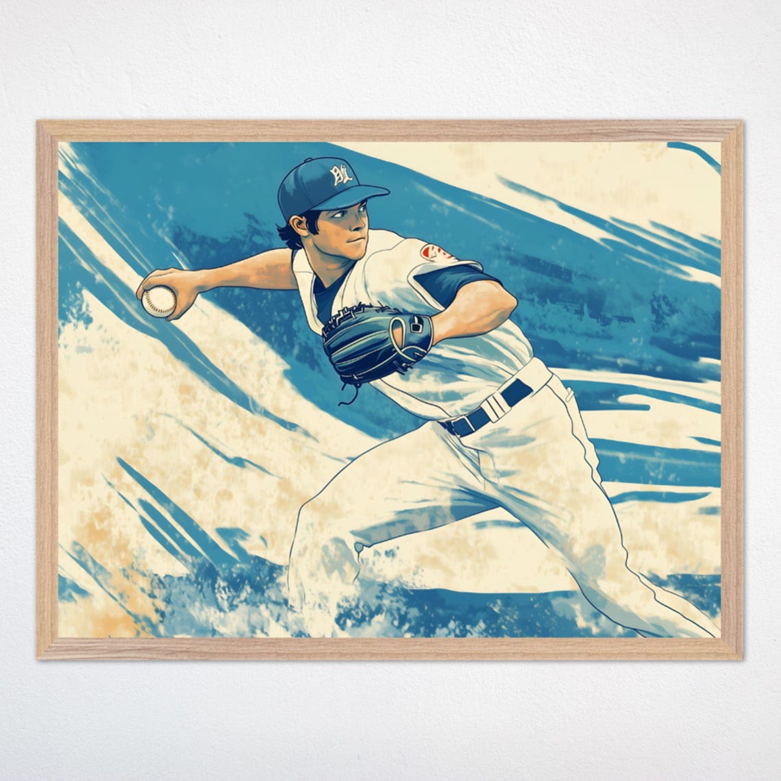 Vintage Baseball Pitcher Mid Throw In Blue Cream Sports Poster