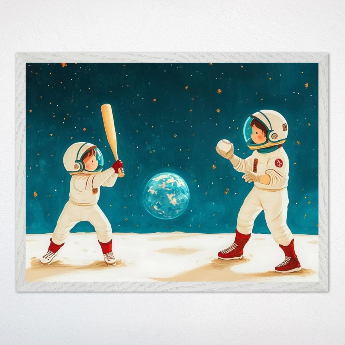Two Astronaut Kids Playing Baseball On The Moon Kids Room Poster
