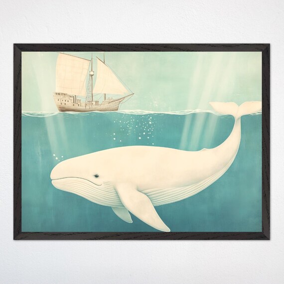 Giant White Whale Beneath a Vintage Sailing Ship Ocean Scene Poster