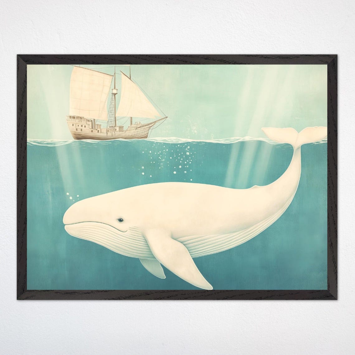 Giant White Whale Beneath a Vintage Sailing Ship Ocean Scene Poster