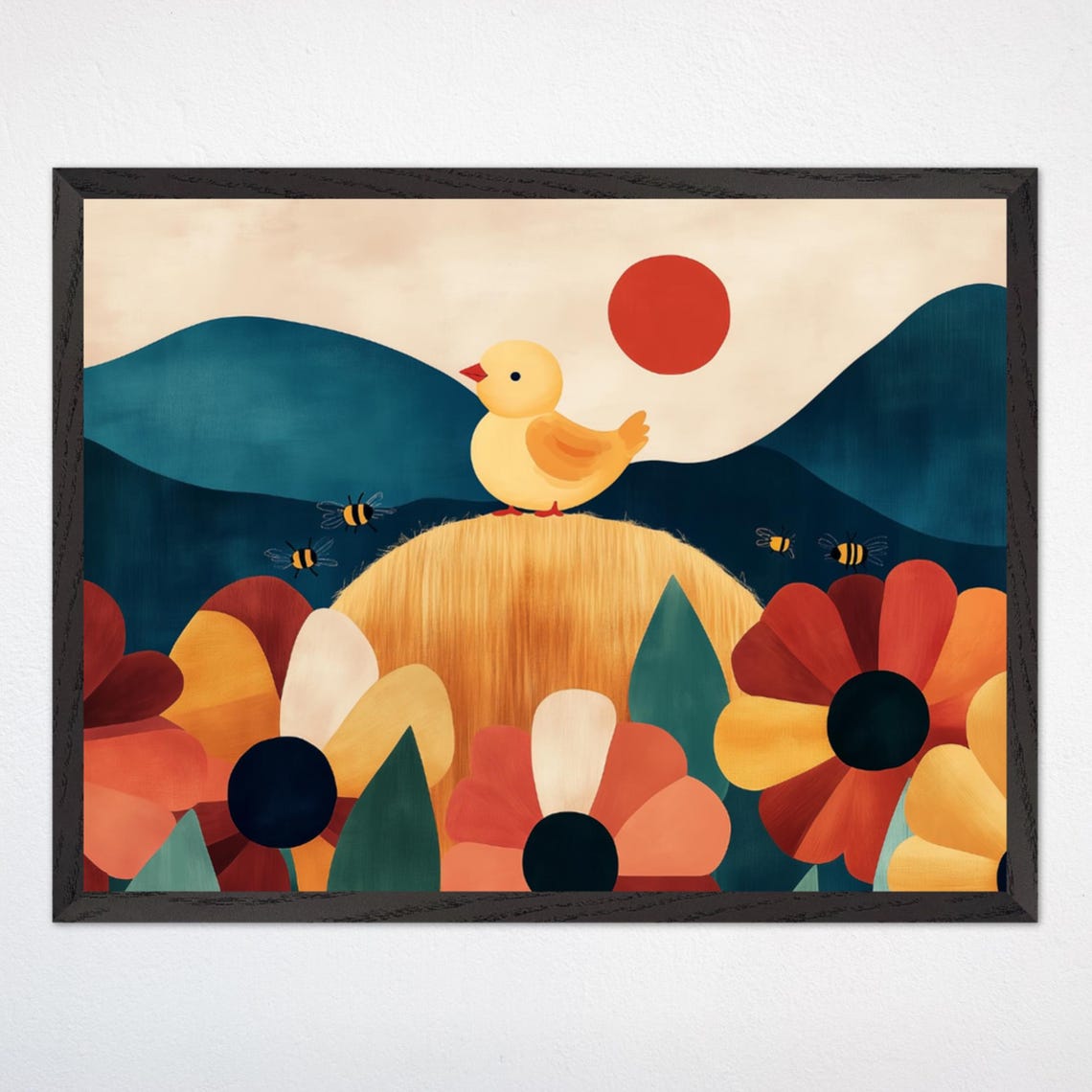 Yellow Chick on Haystack with Bees and Floral Farm Nursery Poster