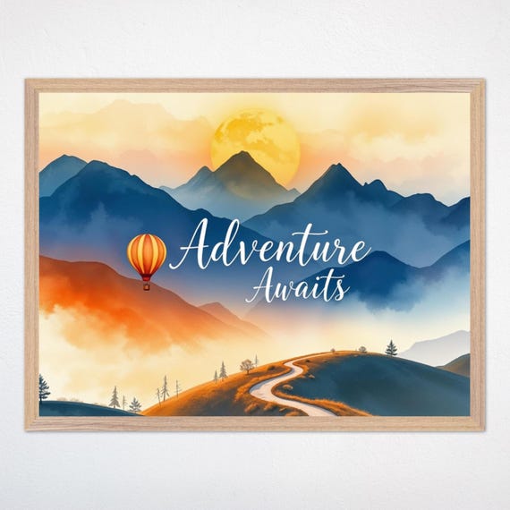 Mountain Nursery Wall Art Adventure Awaits Hot Air Balloon Kids Room Poster Gender Neutral Framed Mountain Decor