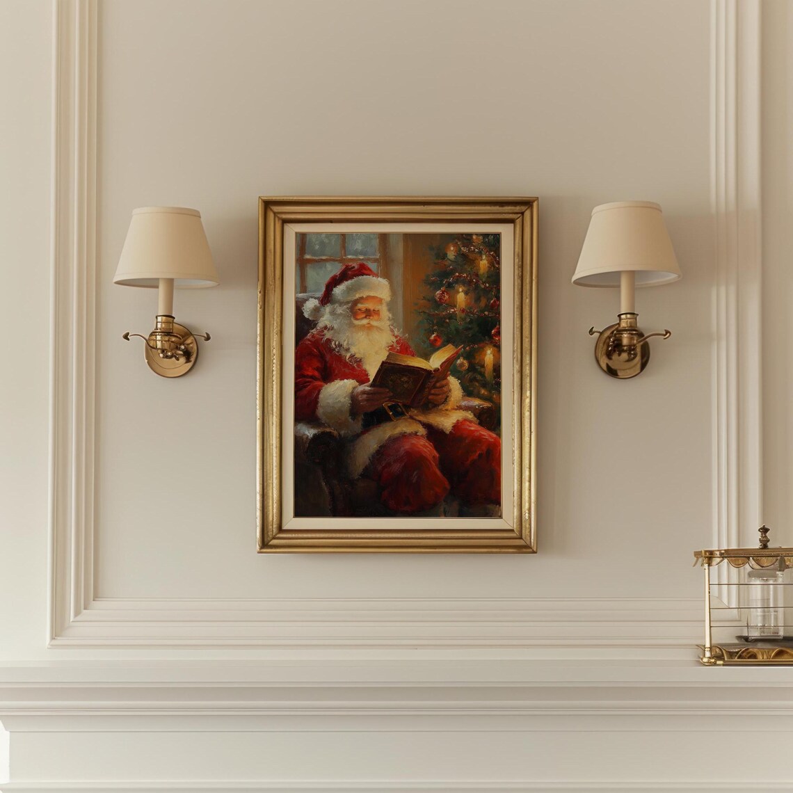 Santa Claus Reading by the Christmas Tree Cozy Vintage Style Poster - Image 6
