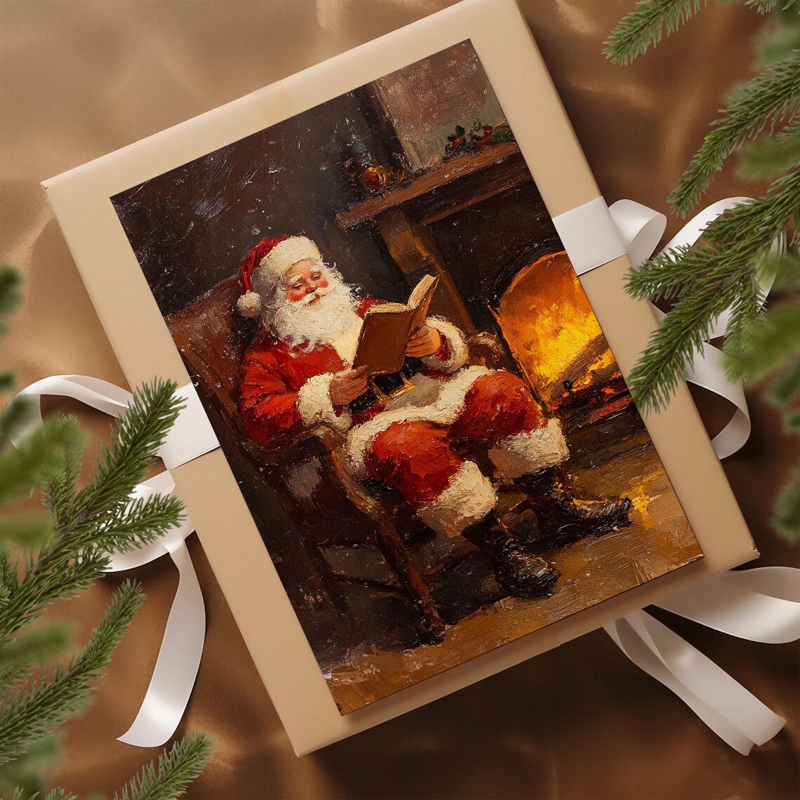 Santa Claus Reading by Fireplace Vintage Oil Painting Style Poster - Image 7