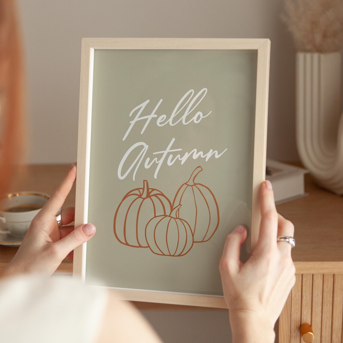 Hello Autumn Pumpkins Script Sage Fall Seasonal Quote Art Poster - Image 4