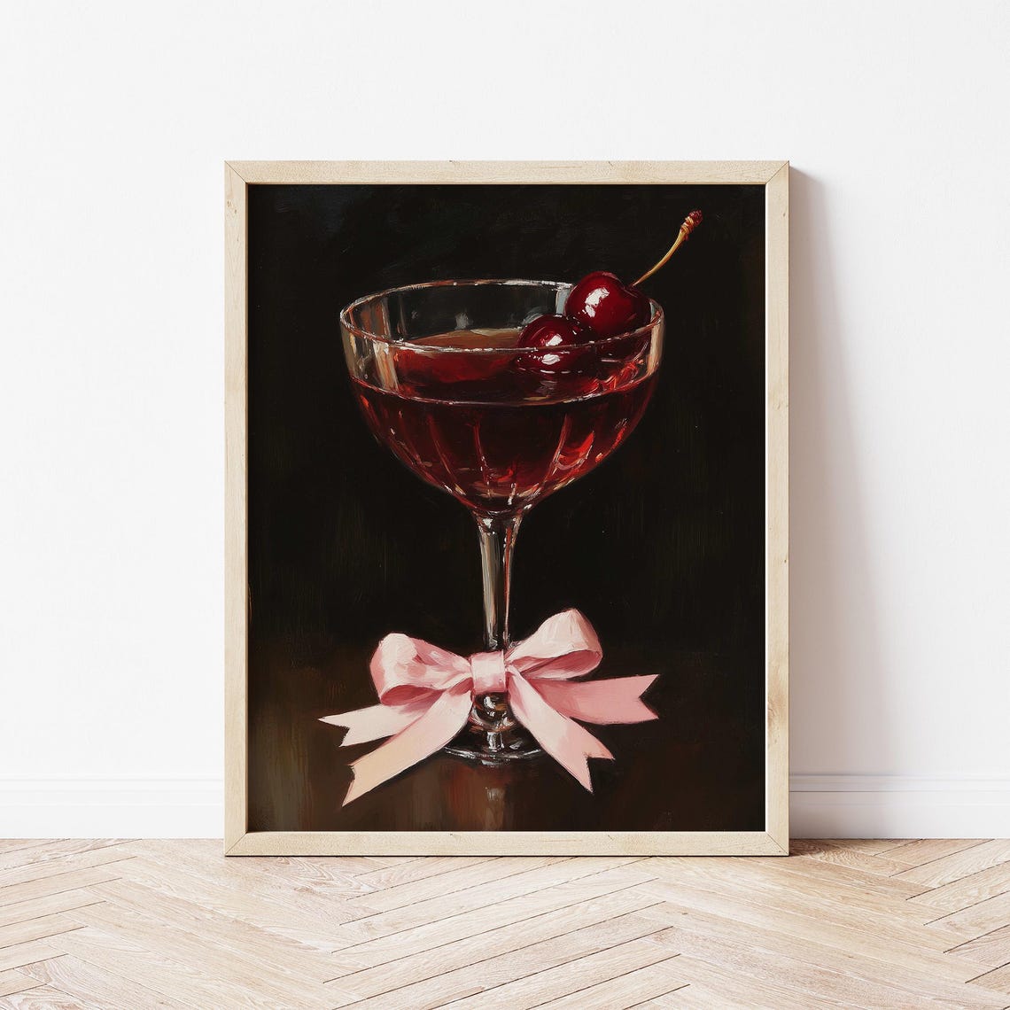 Manhattan Cocktail Cherries Pink Bow Dark Moody Bar Art Poster - Image 3