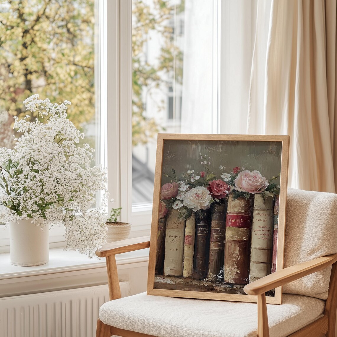 Vintage Books Roses Bouquet Oil Painting Romantic Decor Poster - Image 3