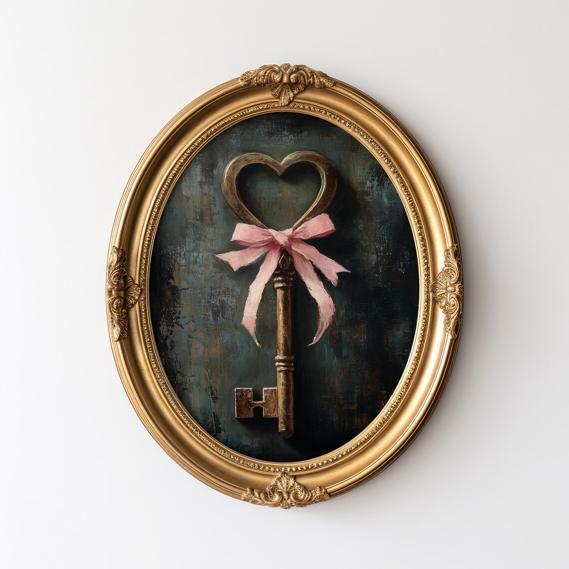 Vintage Heart Shaped Key Pink Bow Moody Oil Painting Art Poster - Image 3