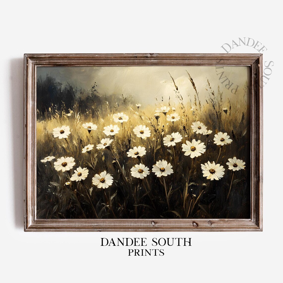 White Daisies Wildflower Field Oil Painting Vintage Farmhouse Wall Art