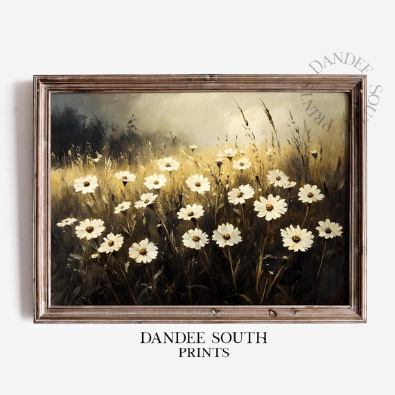 White Daisies Wildflower Field Oil Painting Vintage Farmhouse Wall Art
