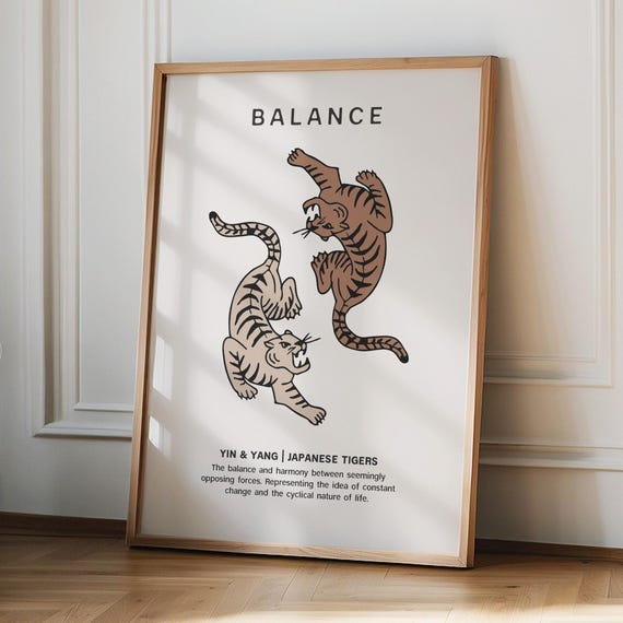 Japanese Tiger Wall Art Print Retro Beige Tigers Decor Trendy Yin Yang Poster
