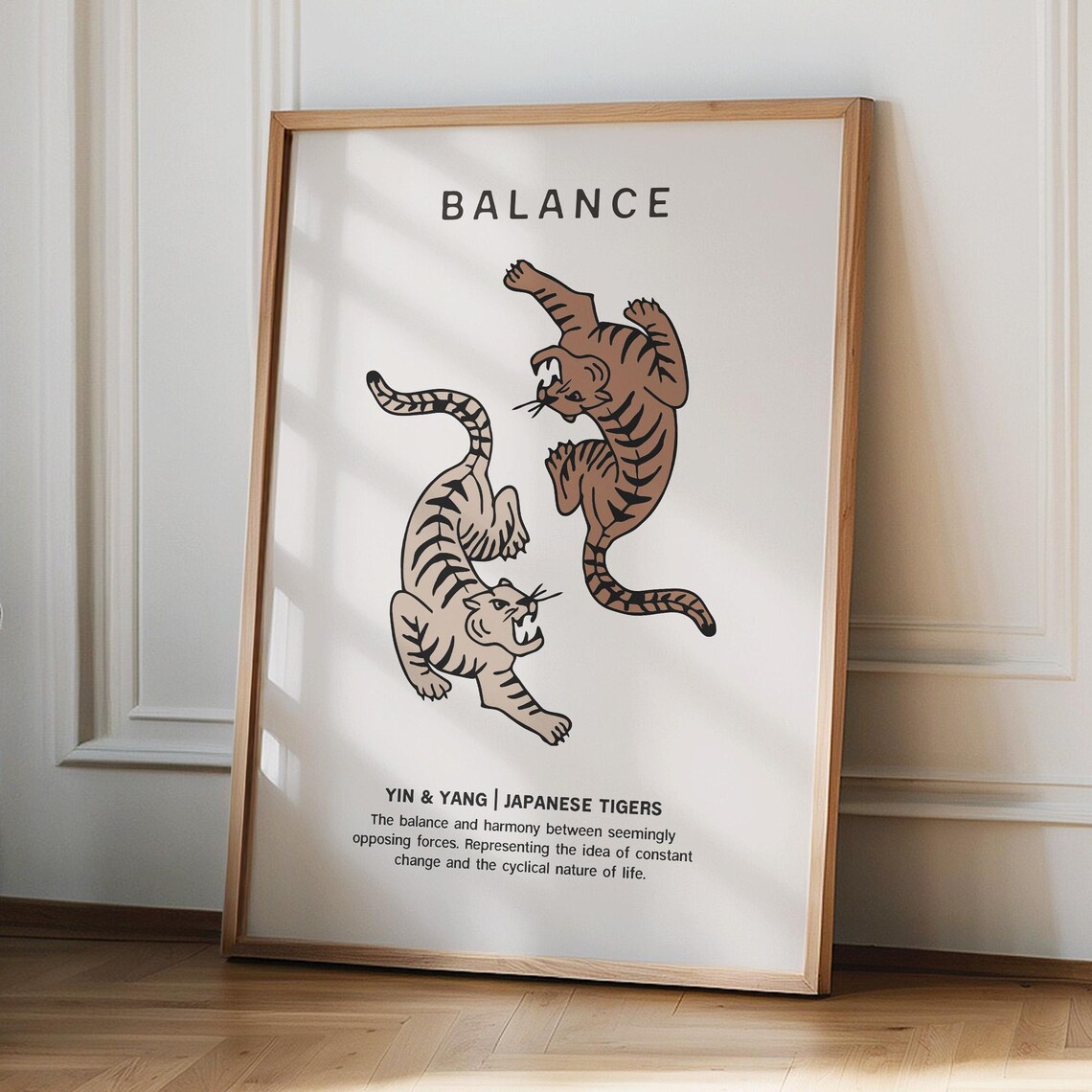 Balance Yin Yang Japanese Tiger Duo Beige Minimalist Art Print