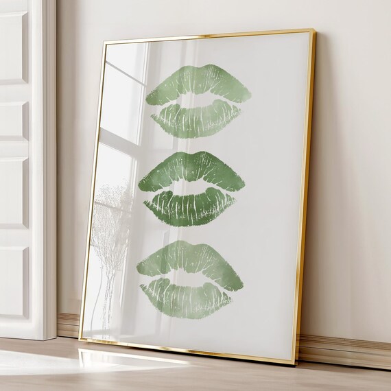 Green Lipstick Kiss Makeup Lips Watercolor Trendy Girly Wall Art