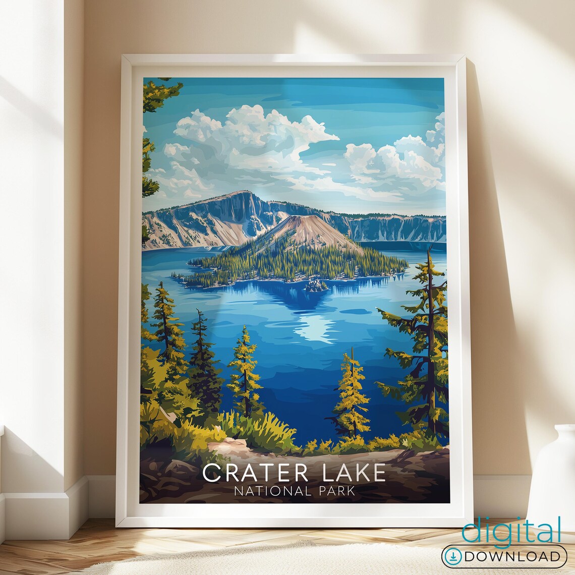 Crater Lake National Park Wizard Island Blue Water Pines Travel Poster