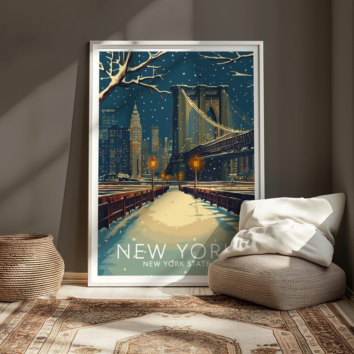 New York Winter Brooklyn Bridge Snowy Night Skyline Travel Poster