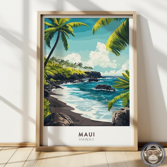 Maui Hawaii Rocky Black Sand Beach Palm Trees Ocean Waves Travel Poster