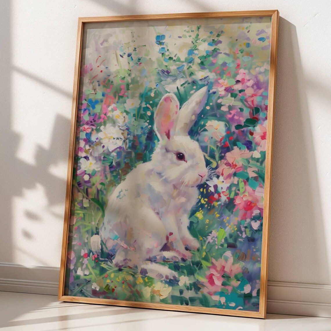 White Bunny In Spring Flower Garden Pastel Impressionist Animal Poster