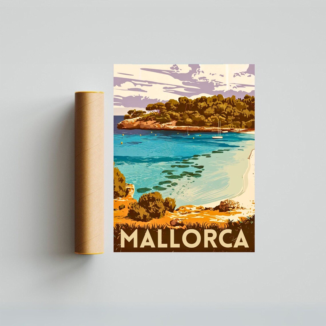 Mallorca Spain Vintage Cove Poster Turquoise Bay Sailboat Pine Cliffs - Image 4