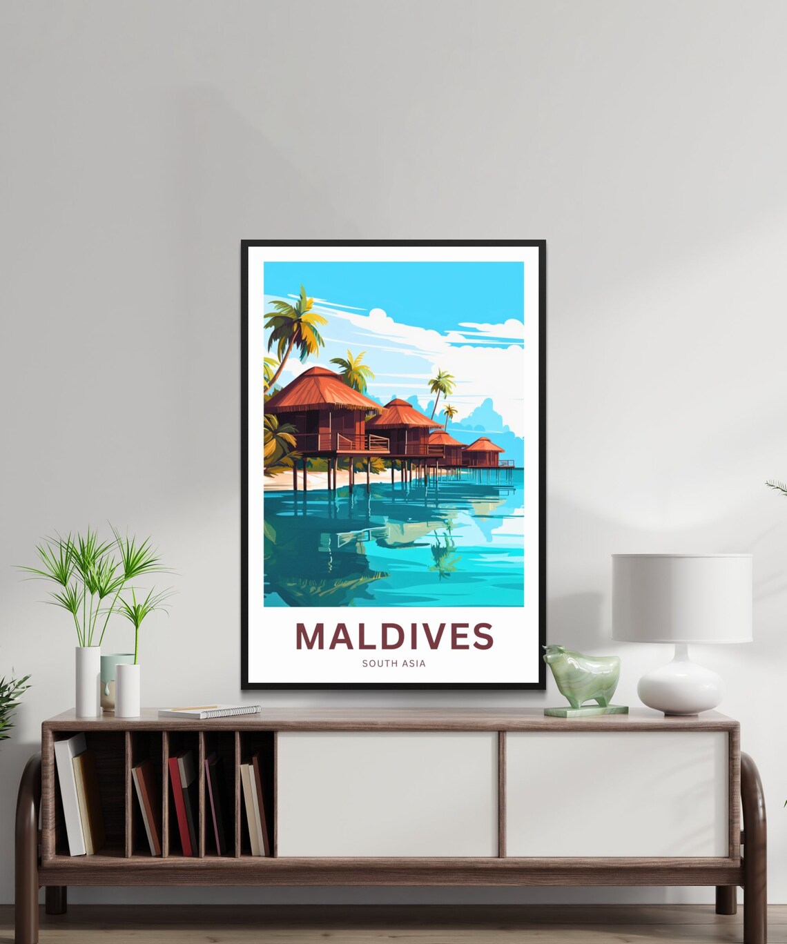 Maldives Thatched Bungalow Row Over Turquoise Water Travel Poster - Image 2