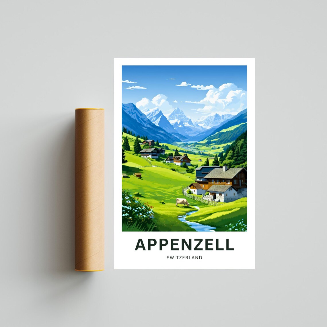 Appenzell Switzerland Alpine Chalets Cow Snowy Peaks Travel Poster - Image 4