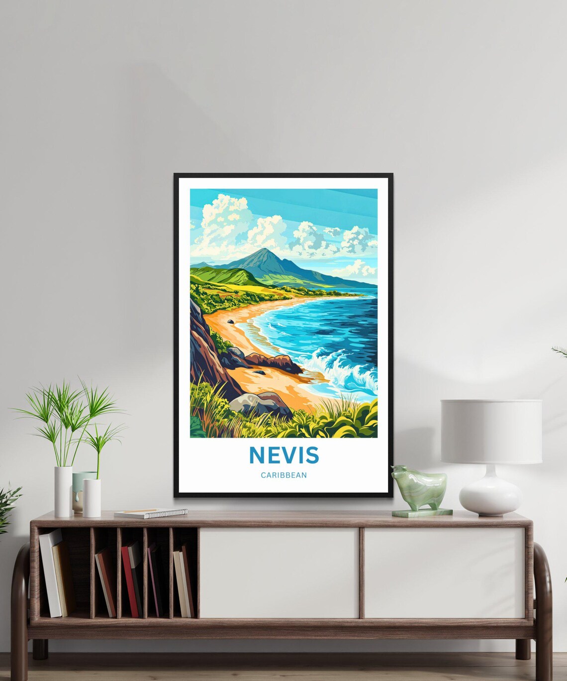 Nevis Caribbean Golden Tropical Beach Mountain Coast Seascape Poster - Image 3