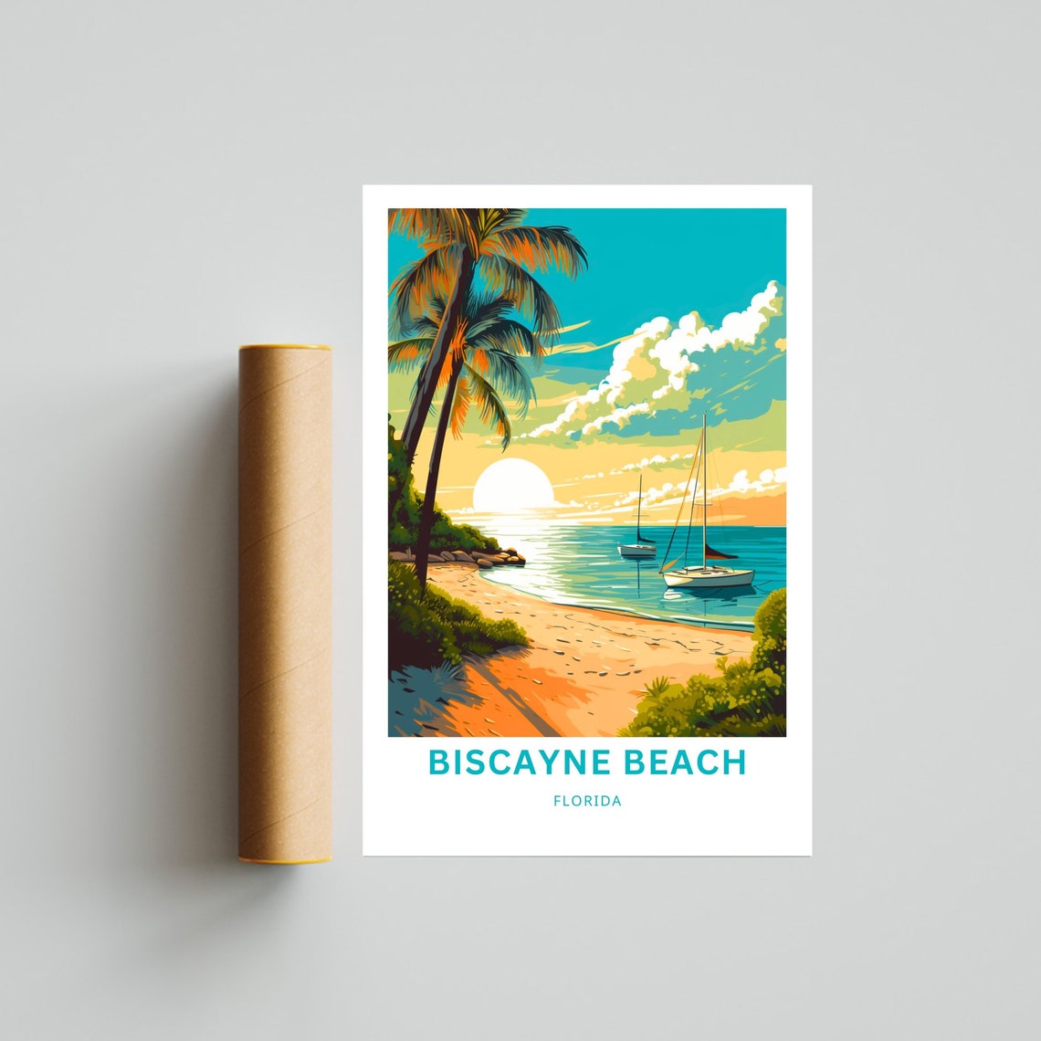 Biscayne Beach Florida Sunset Palms Sailing Coast Travel Poster - Image 4